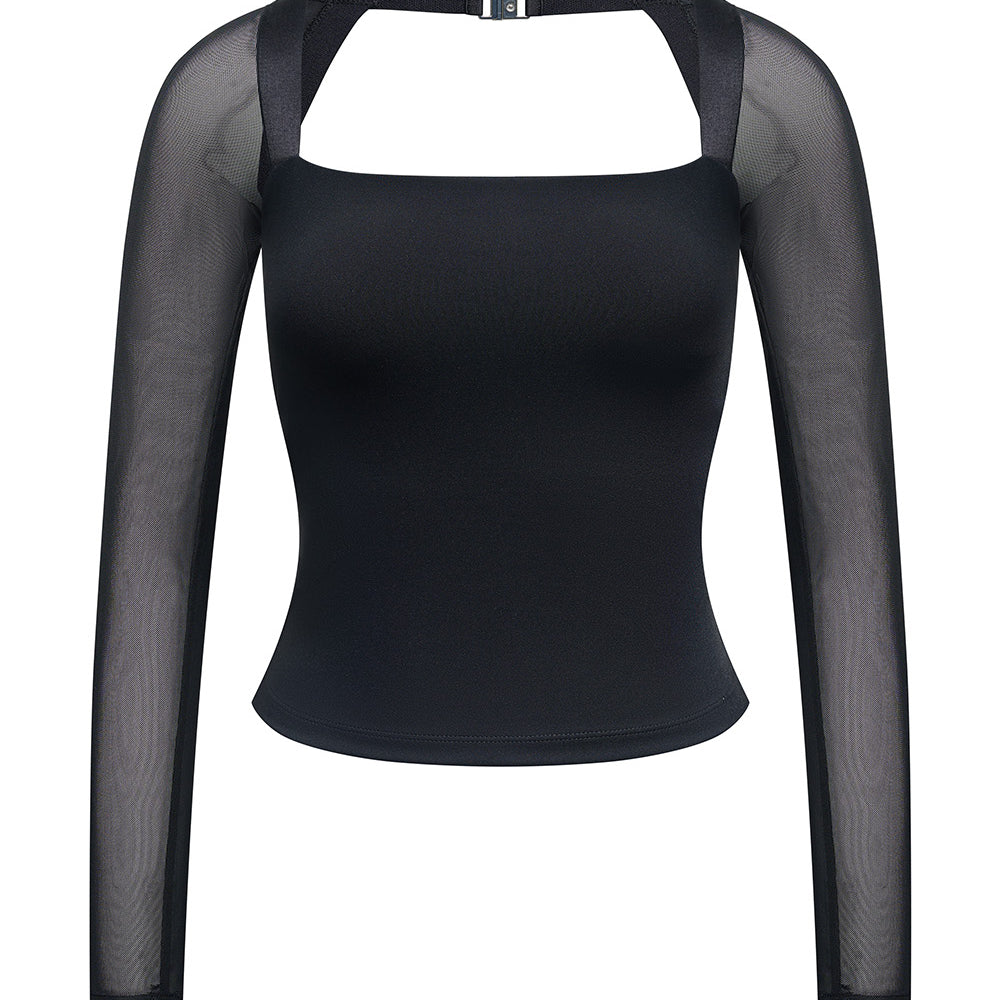 
                      
                        Belgravia mesh sleeve top with keyhole back detail, shown on white background.
                      
                    