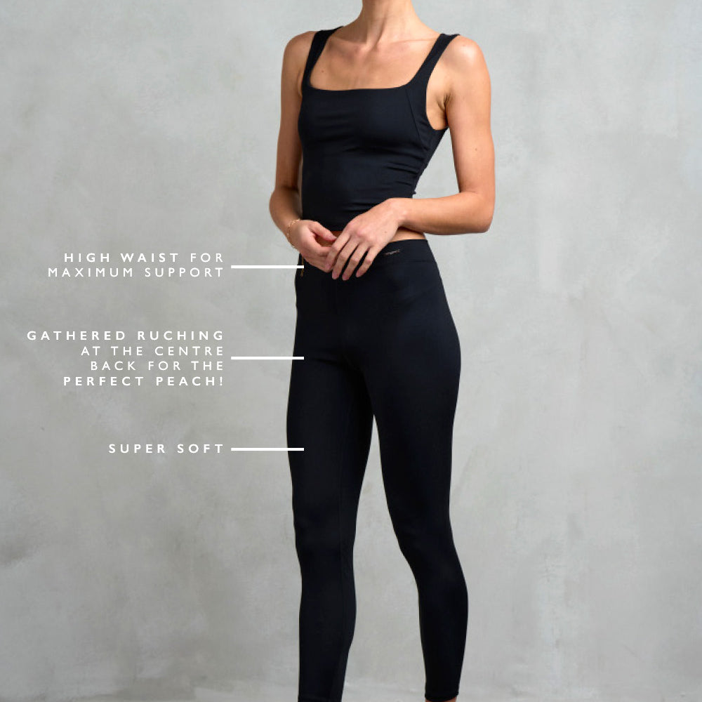 Bond ruched leggings from Stretch Studio London. Our model is wearing the Bond leggings with the Chelsea square neck top.