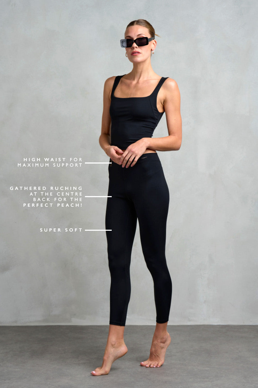 Bond ruched leggings from Stretch Studio London. Our model is wearing the Bond leggings with the Chelsea square neck top.