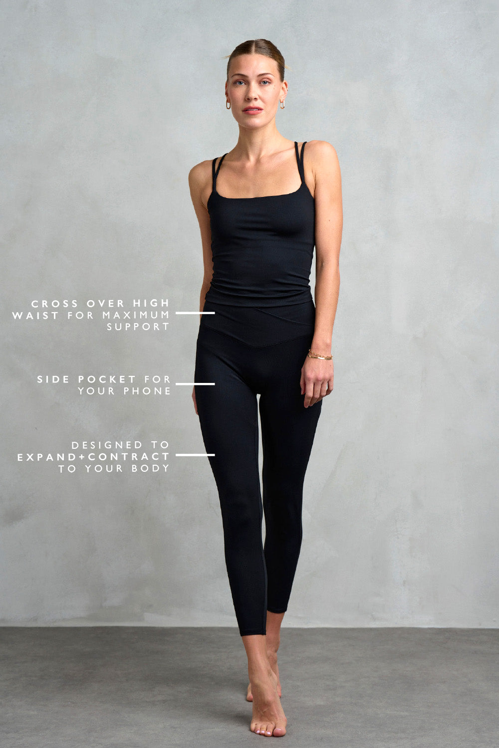 Our model is wearing the Westbourne High Waist Wrap Waistband leggings, designed to take you from barre to brunch effortlessly. 